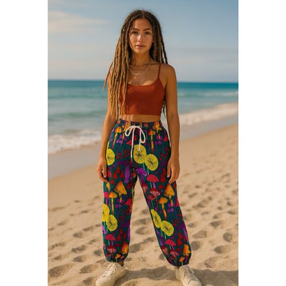 KATHMANDU IMPORTS Mushroom Hippie Pants Drawstring Boho Colorful Festival Sz S - Picture 1 of 8